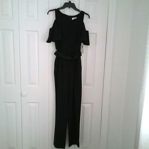 Eliza J Off the shoulder Jumpsuit Black with black beads & plain tie back belts
